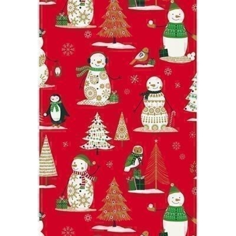 A delightful winter wonderland themed wrapping paper with snowmen penguins Christmas trees and Christmas presents. Approx size 70cm x 2m